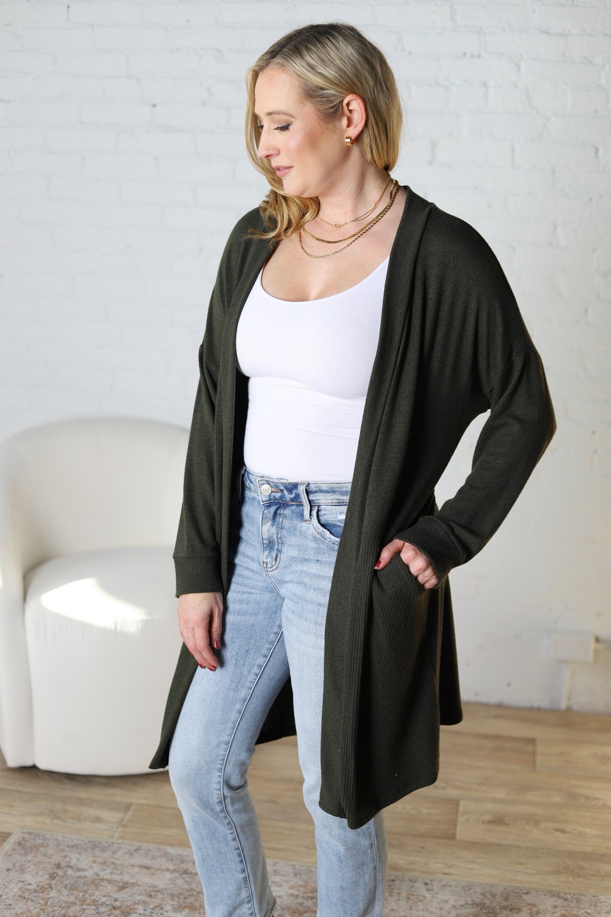 Mirabel Rib Contrast Brushed Knit Cardigan - Olive