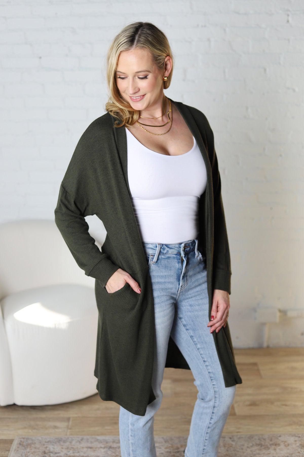 Mirabel Rib Contrast Brushed Knit Cardigan - Olive