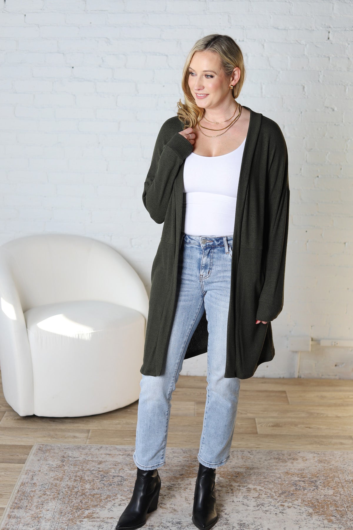 Mirabel Rib Contrast Brushed Knit Cardigan - Olive FINAL SALE