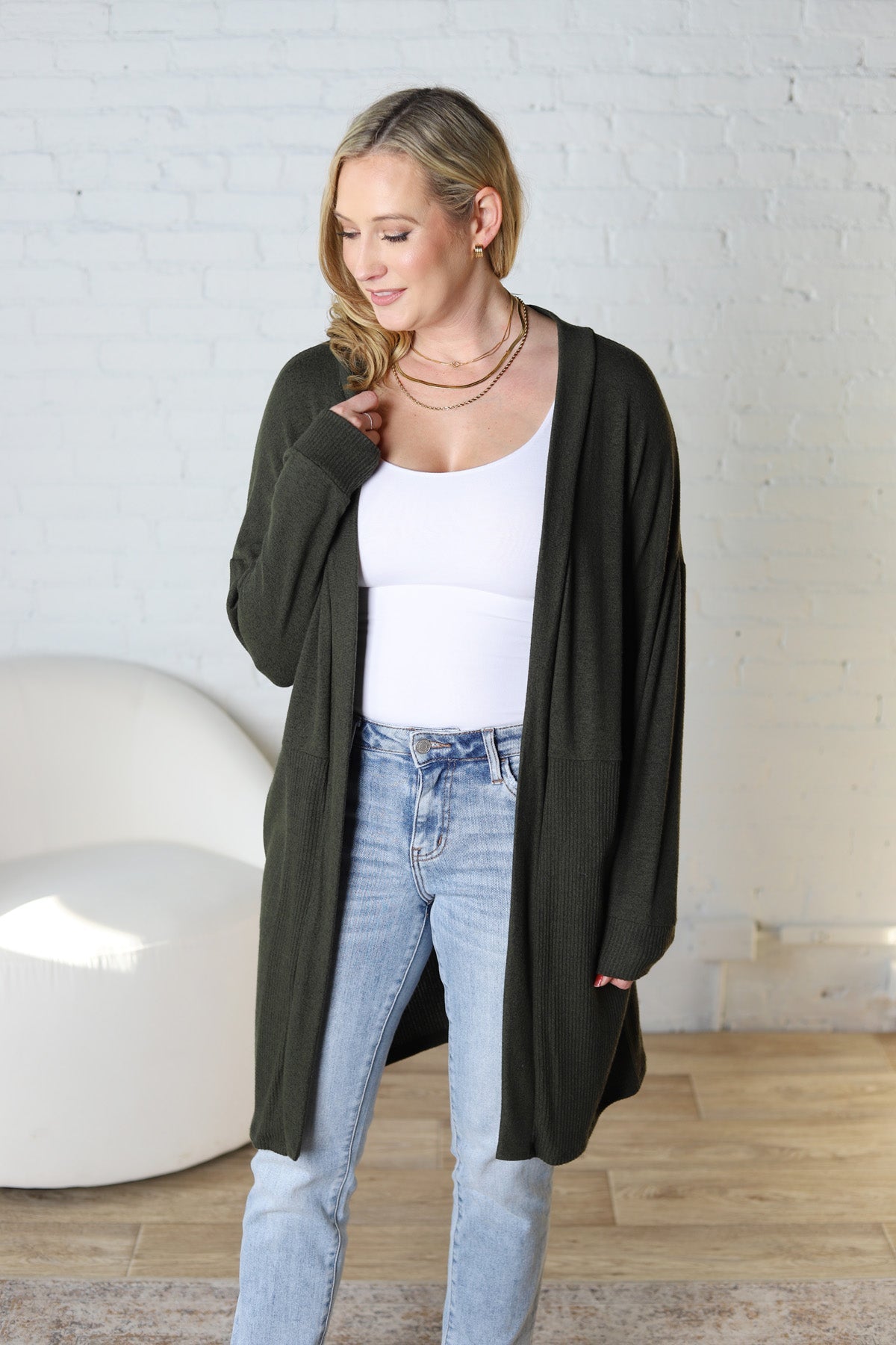 Mirabel Rib Contrast Brushed Knit Cardigan - Olive FINAL SALE