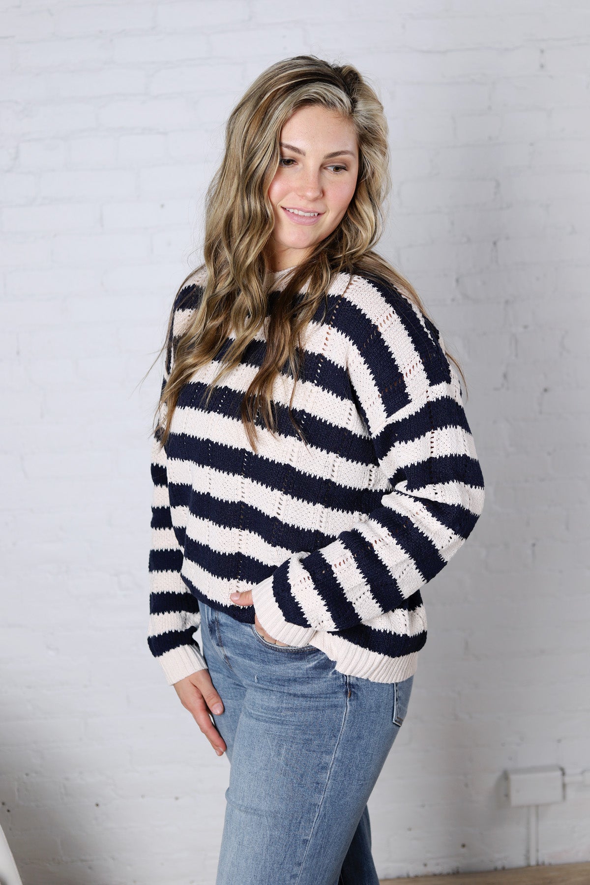 Mirel Stripe Knit Sweater - Navy/Beige