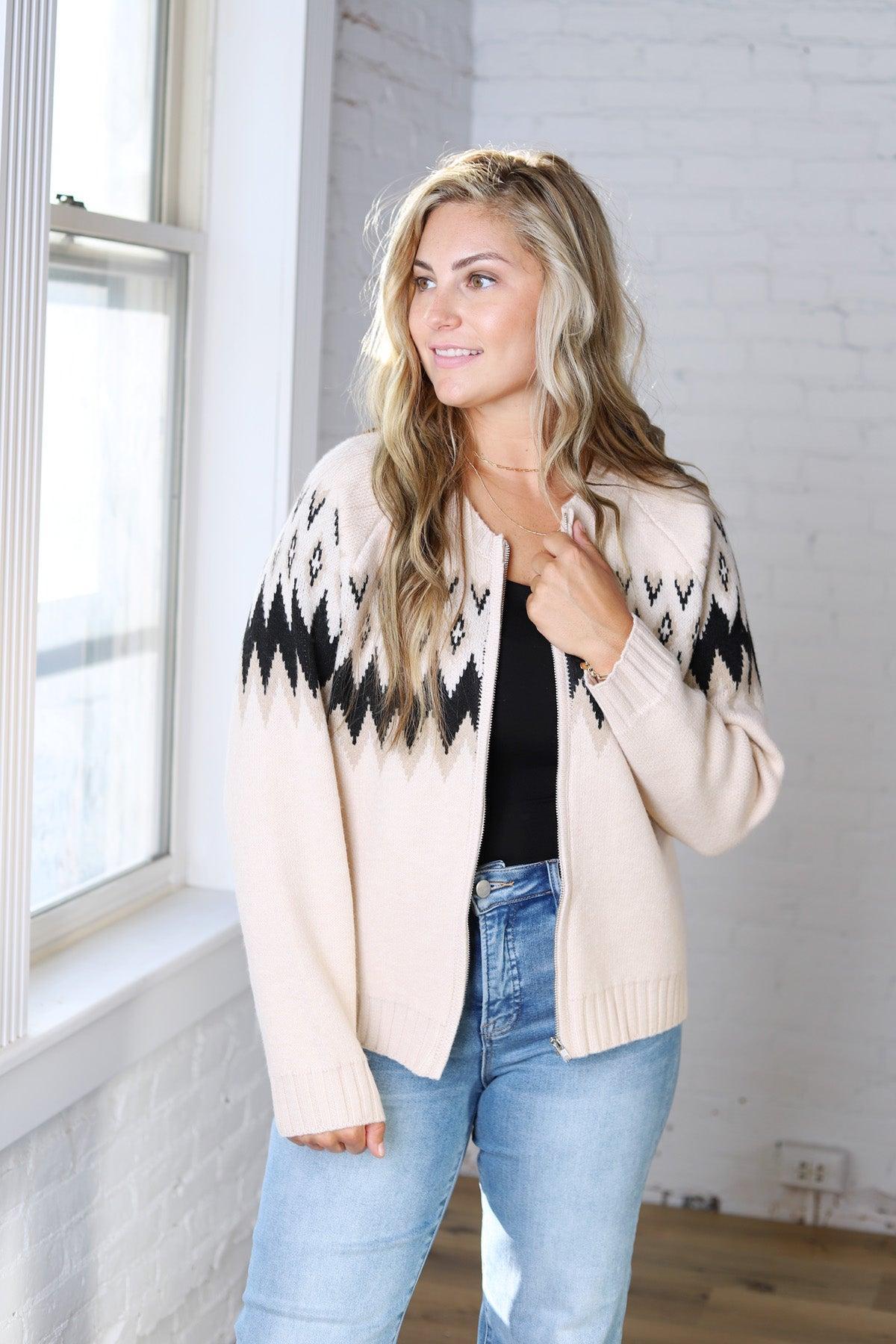 Monroe Fair Isle Zip Front Cardigan Sweater