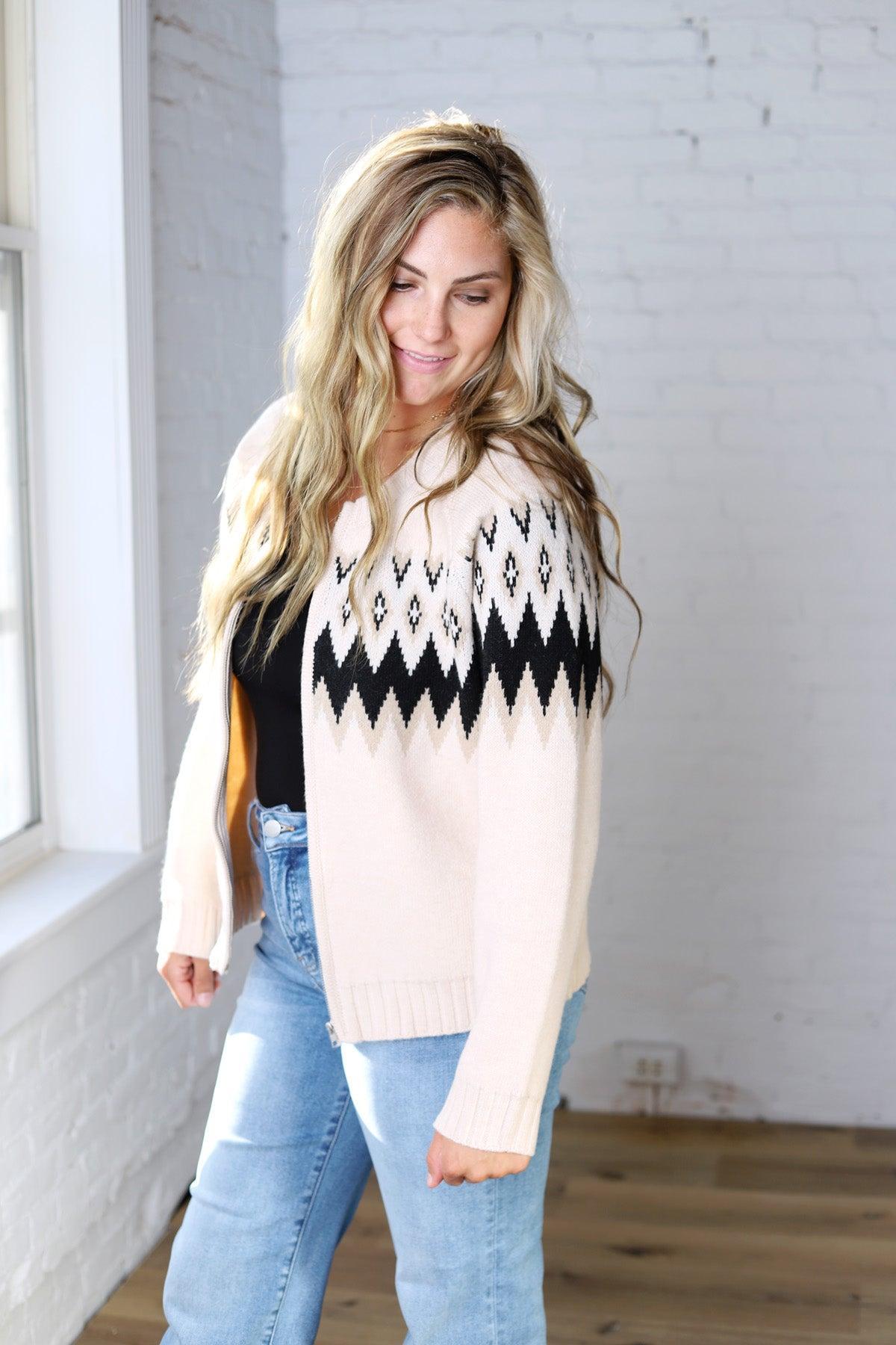 Monroe Fair Isle Zip Front Cardigan Sweater