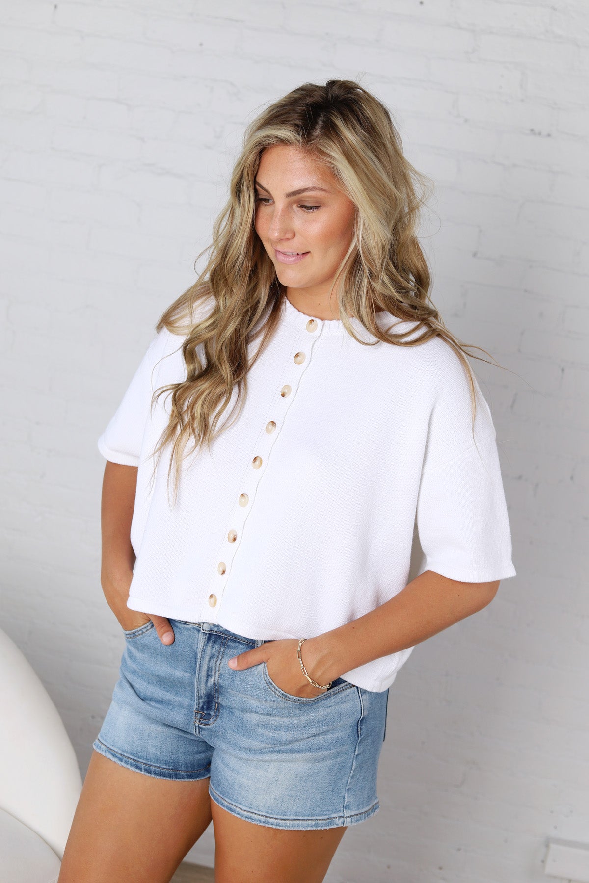 Morgan Button-Up Sweater Knit Top - Off White