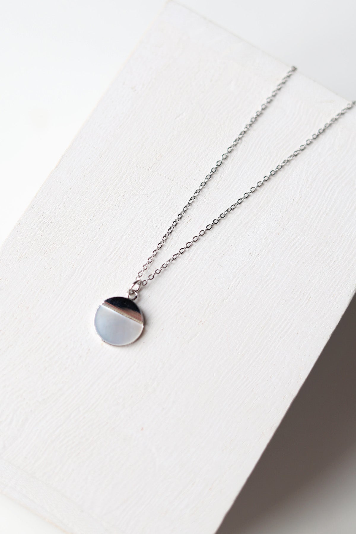 Mother of Pearl on Stainless Steel Disc Necklace - Silver - Baubles + Bobbies