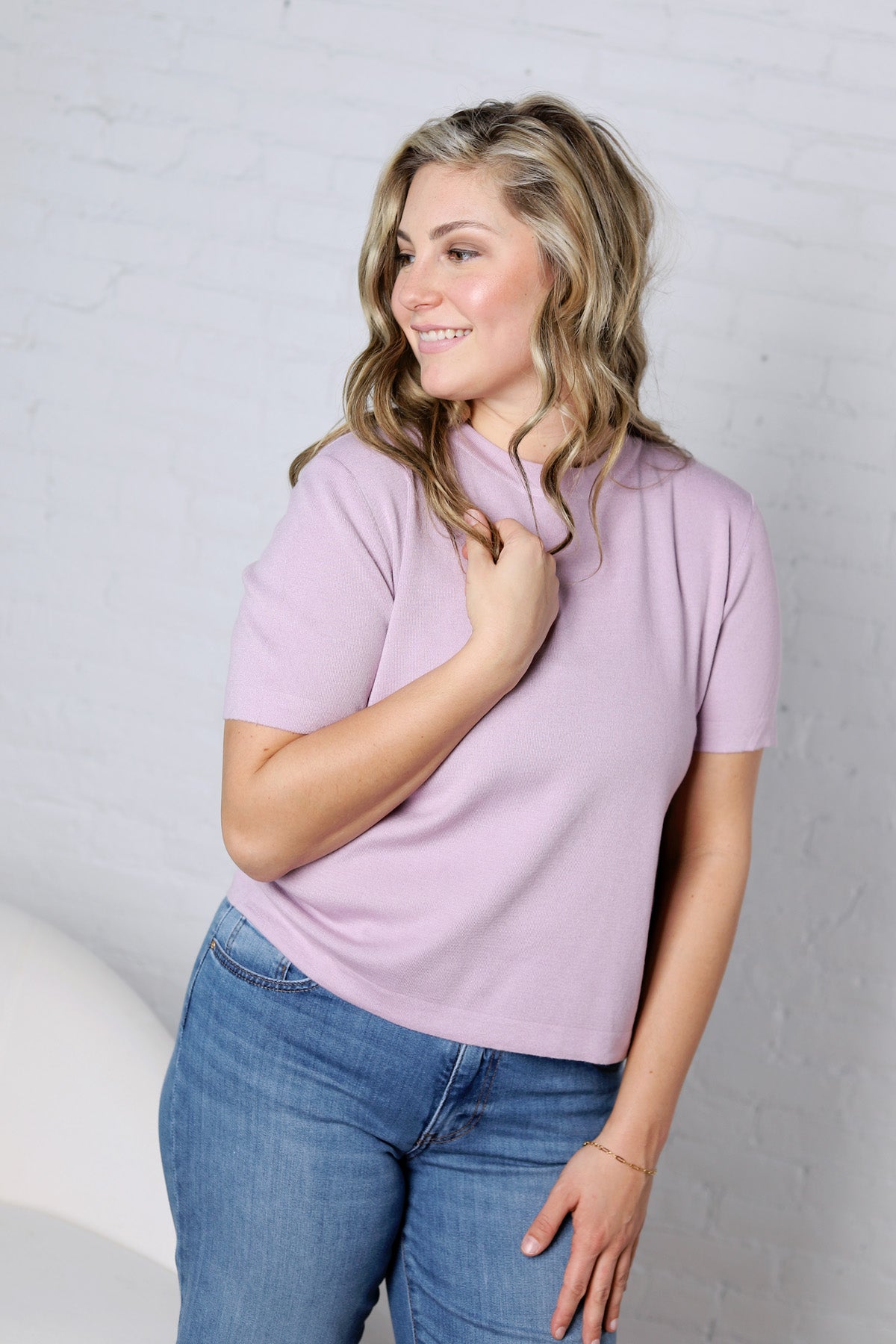 Nalia Cashmere Blended Short Sleeve Sweater - Lavender