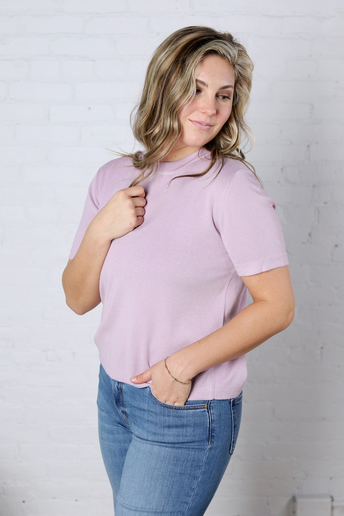 Nalia Cashmere Blended Short Sleeve Sweater - Lavender