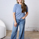 Nalia Cashmere Blended Short Sleeve Sweater - Slate Blue