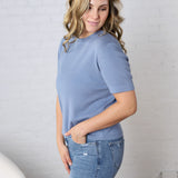 Nalia Cashmere Blended Short Sleeve Sweater - Slate Blue