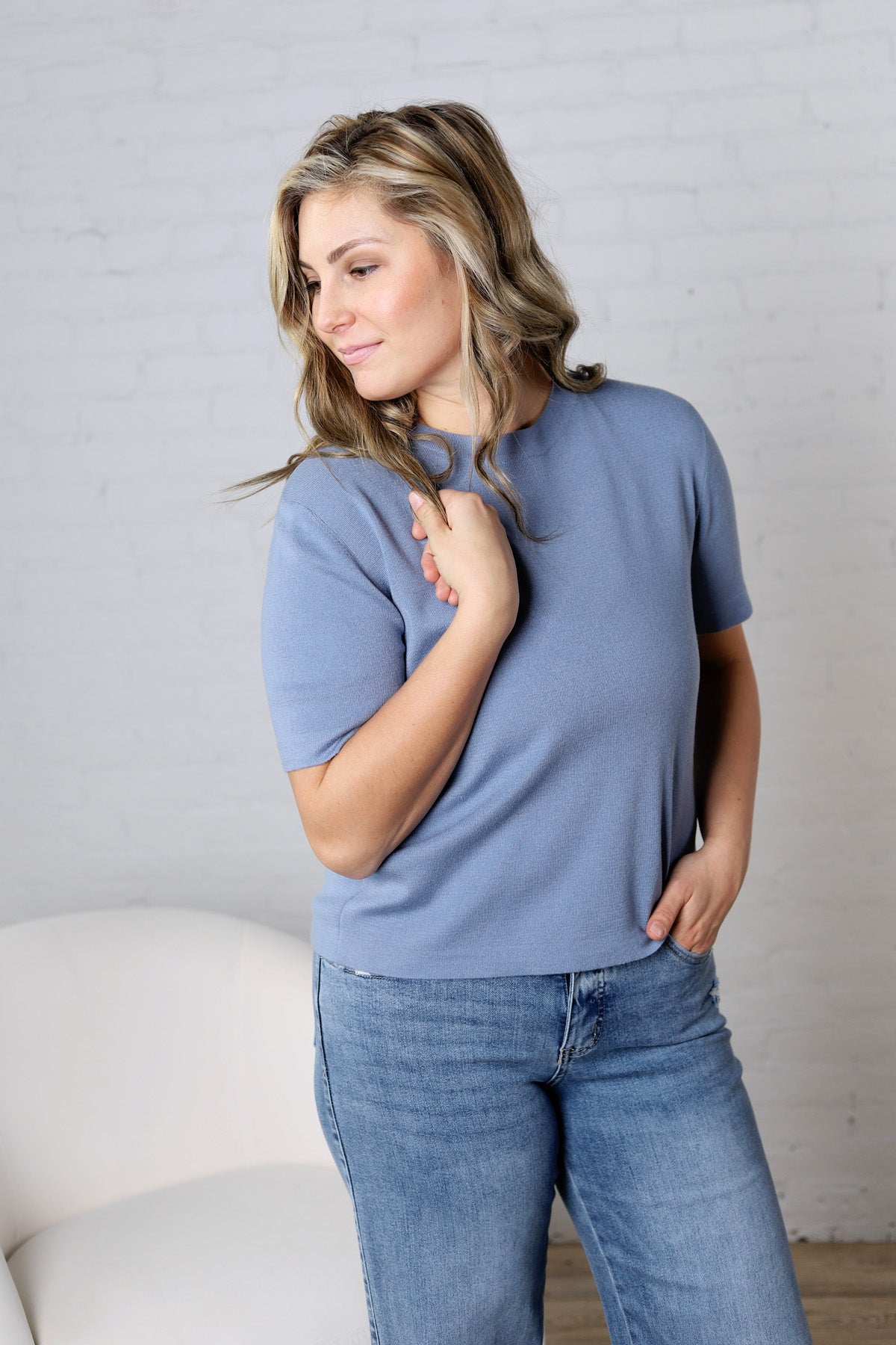 Nalia Cashmere Blended Short Sleeve Sweater - Slate Blue