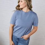 Nalia Cashmere Blended Short Sleeve Sweater - Slate Blue FINAL SALE