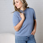 Nalia Cashmere Blended Short Sleeve Sweater - Slate Blue FINAL SALE