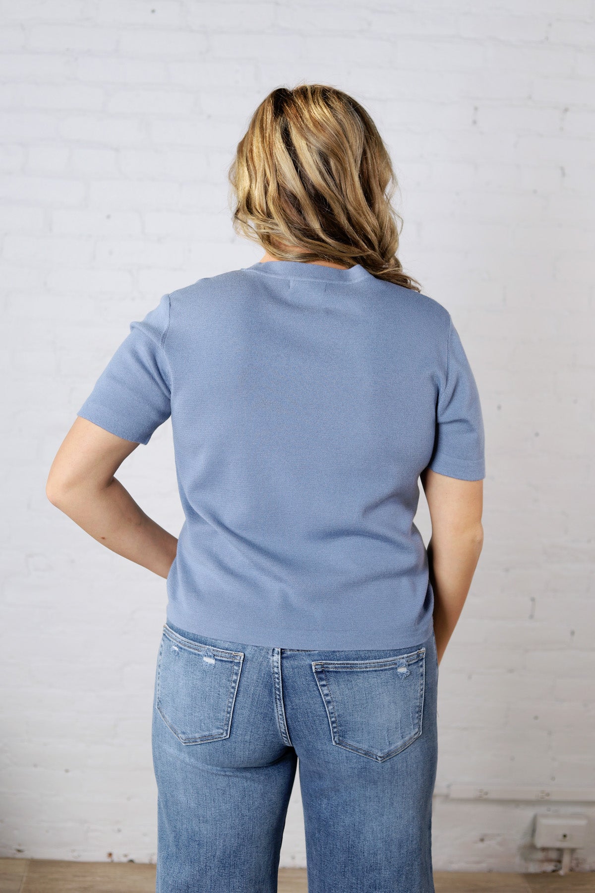 Nalia Cashmere Blended Short Sleeve Sweater - Slate Blue FINAL SALE