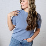 Nalia Cashmere Blended Short Sleeve Sweater - Slate Blue FINAL SALE