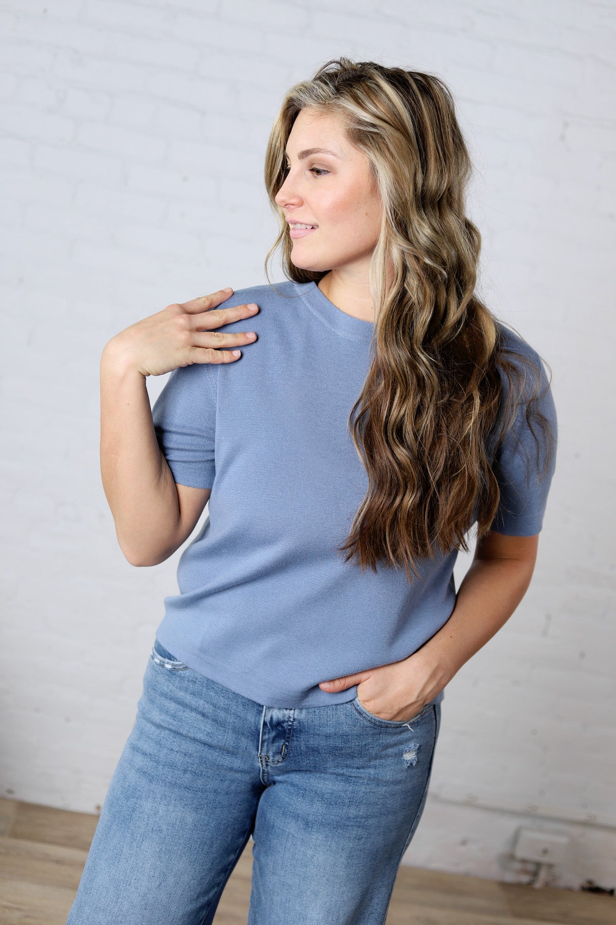 Nalia Cashmere Blended Short Sleeve Sweater - Slate Blue FINAL SALE