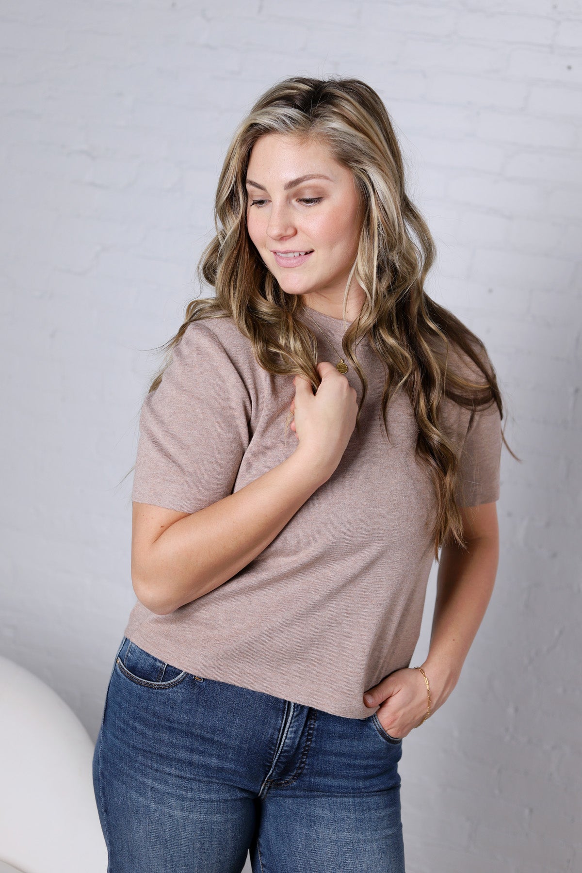Nalia Cashmere Blended Short Sleeve Sweater - Taupe