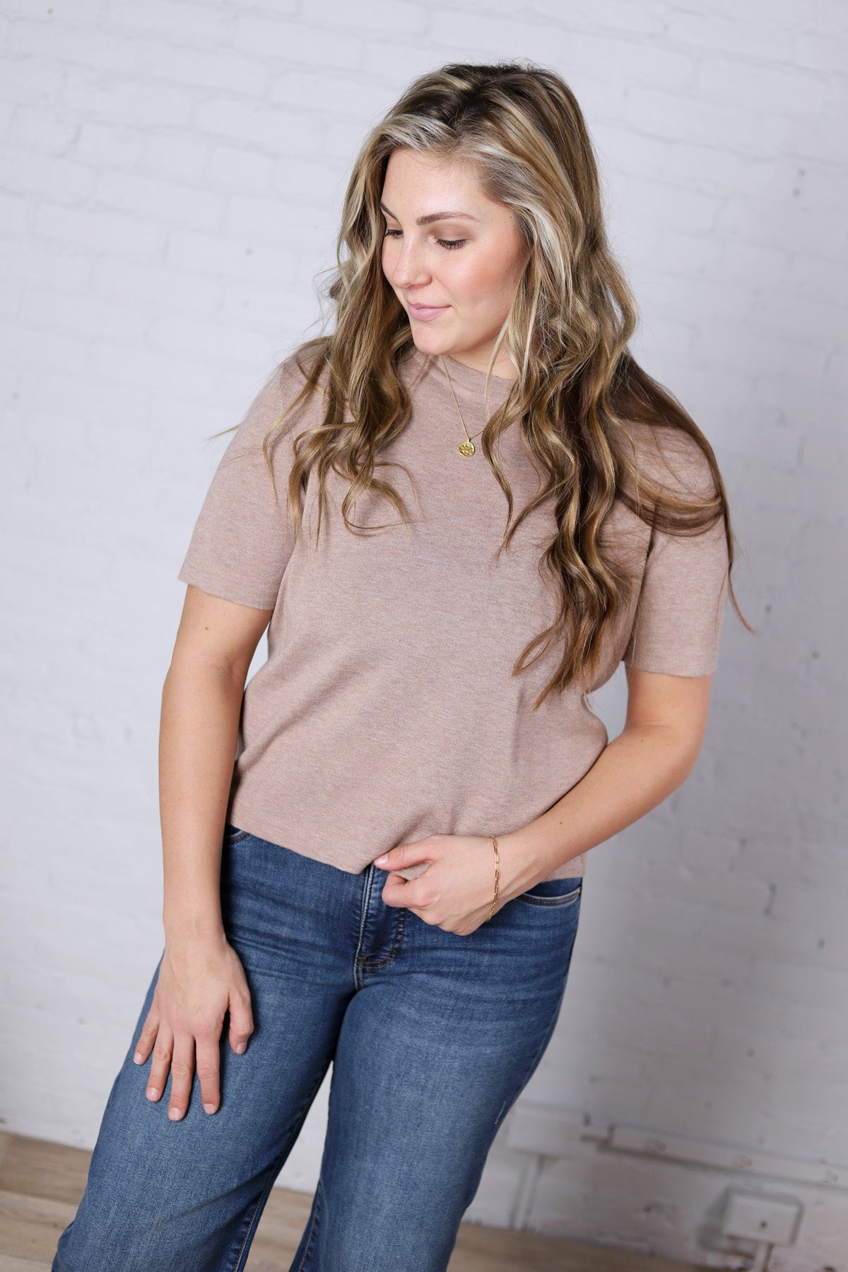 Nalia Cashmere Blended Short Sleeve Sweater - Taupe
