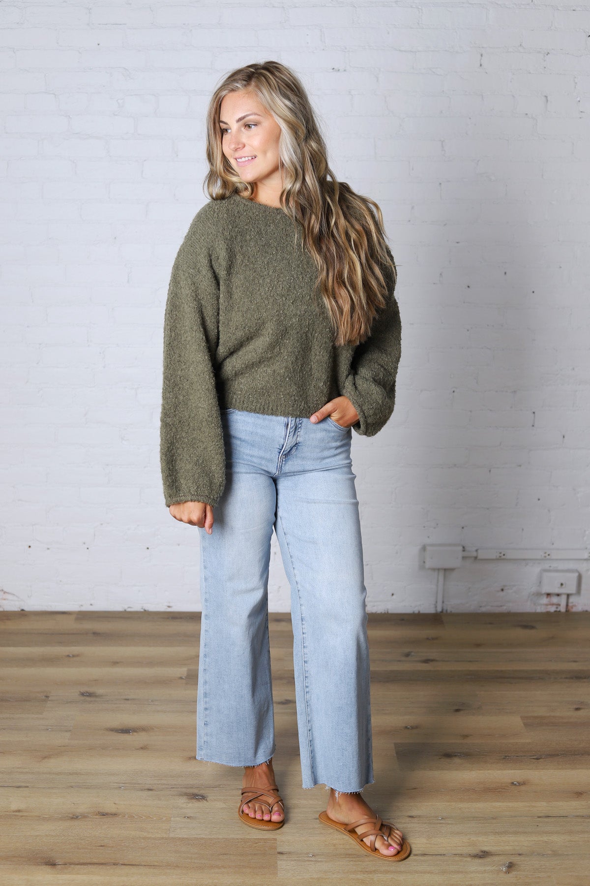 Nella Long Sleeve Fuzzy Knit Pullover Sweater - Olive