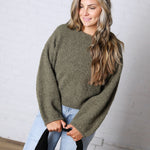 Nella Long Sleeve Fuzzy Knit Pullover Sweater - Olive