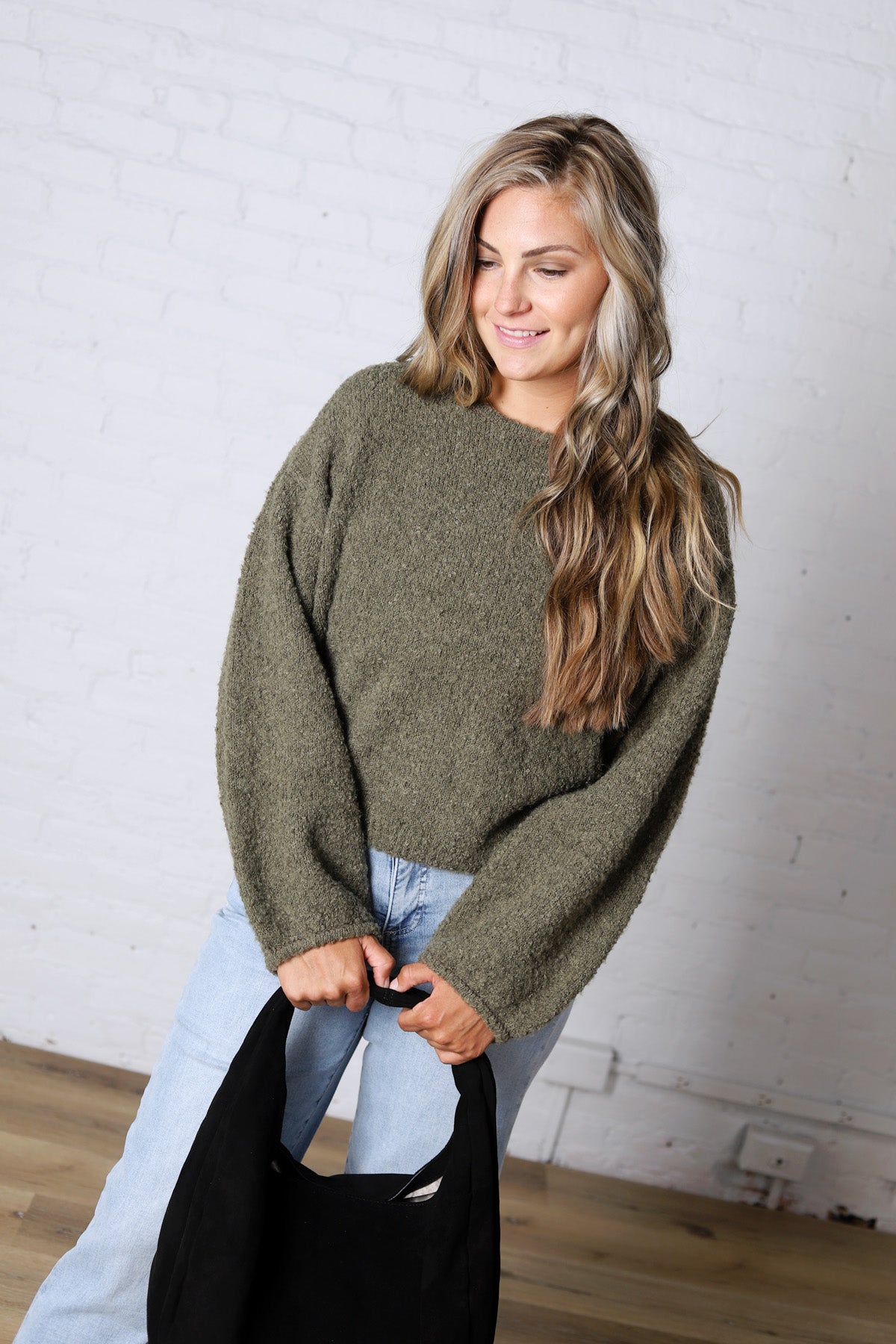 Nella Long Sleeve Fuzzy Knit Pullover Sweater - Olive