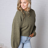 Nella Long Sleeve Fuzzy Knit Pullover Sweater - Olive