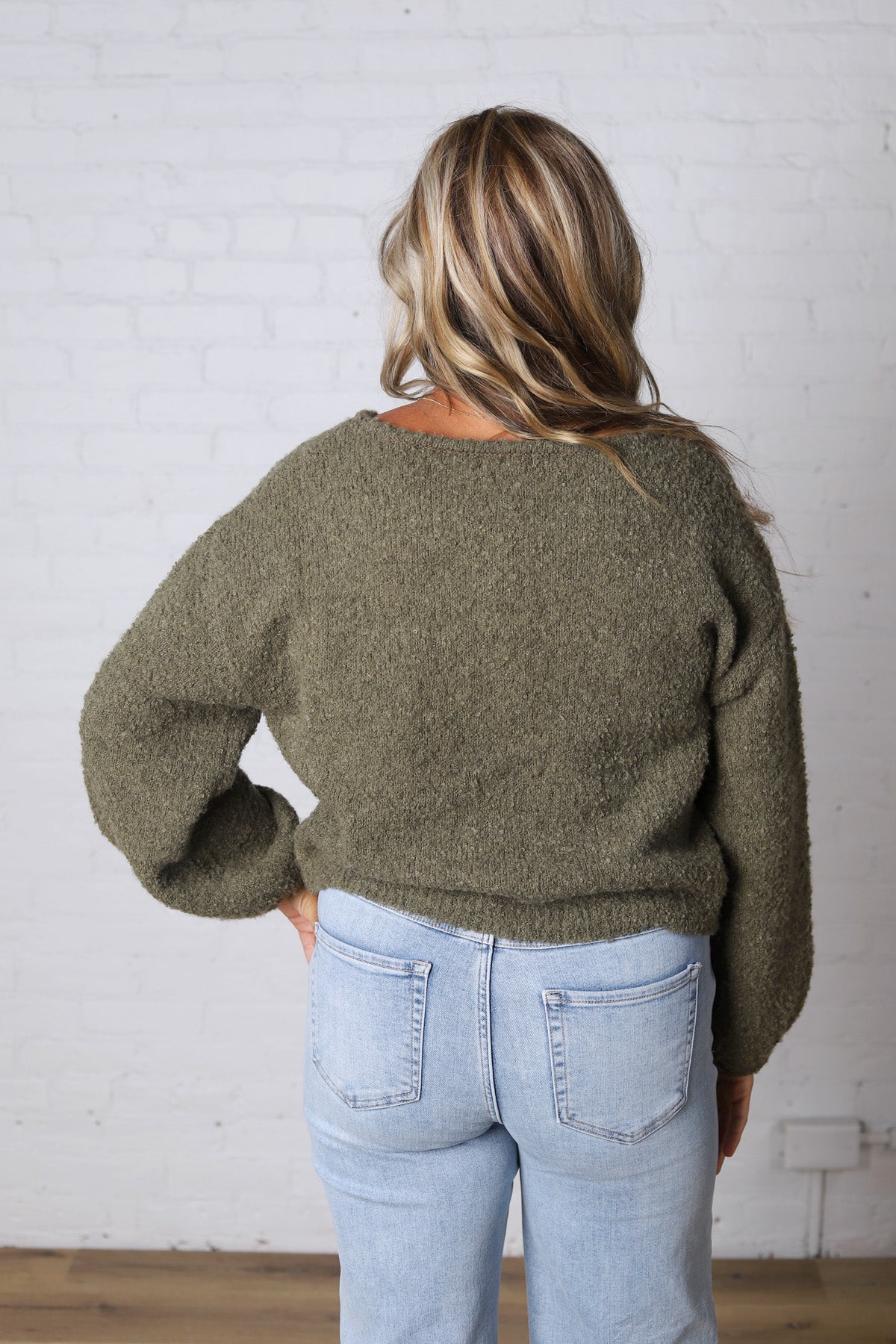 Nella Long Sleeve Fuzzy Knit Pullover Sweater - Olive