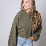 Nella Long Sleeve Fuzzy Knit Pullover Sweater - Olive
