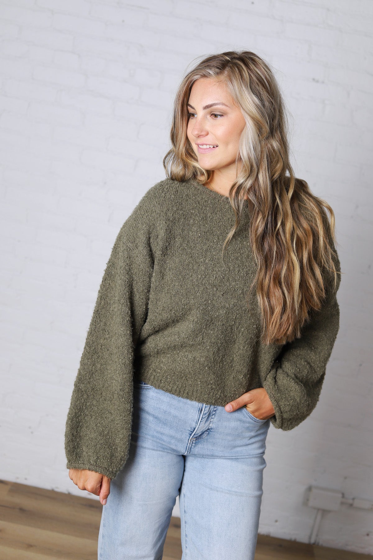 Nella Long Sleeve Fuzzy Knit Pullover Sweater - Olive