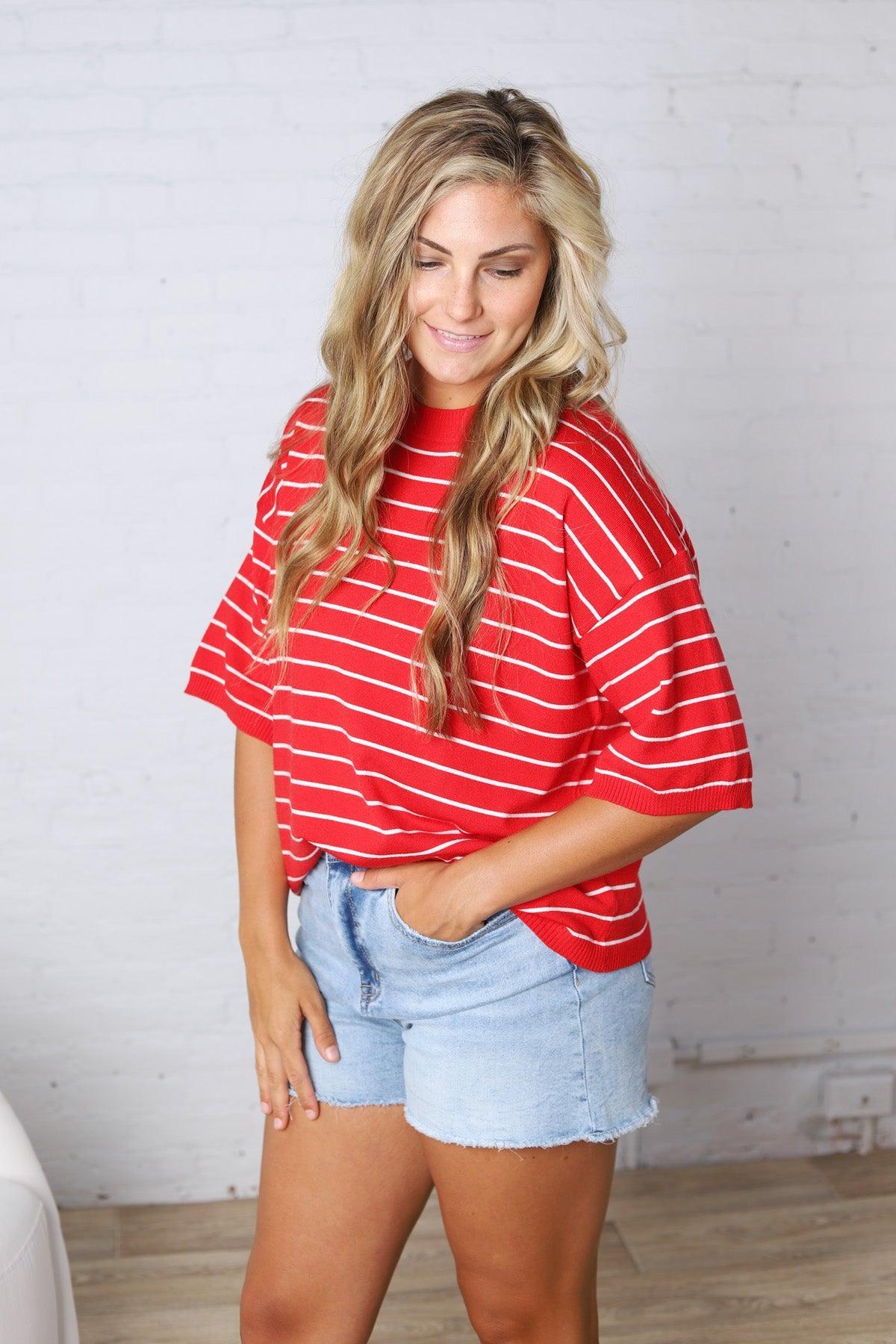 Nellie Oversized Stripe Knit Top - Red/White