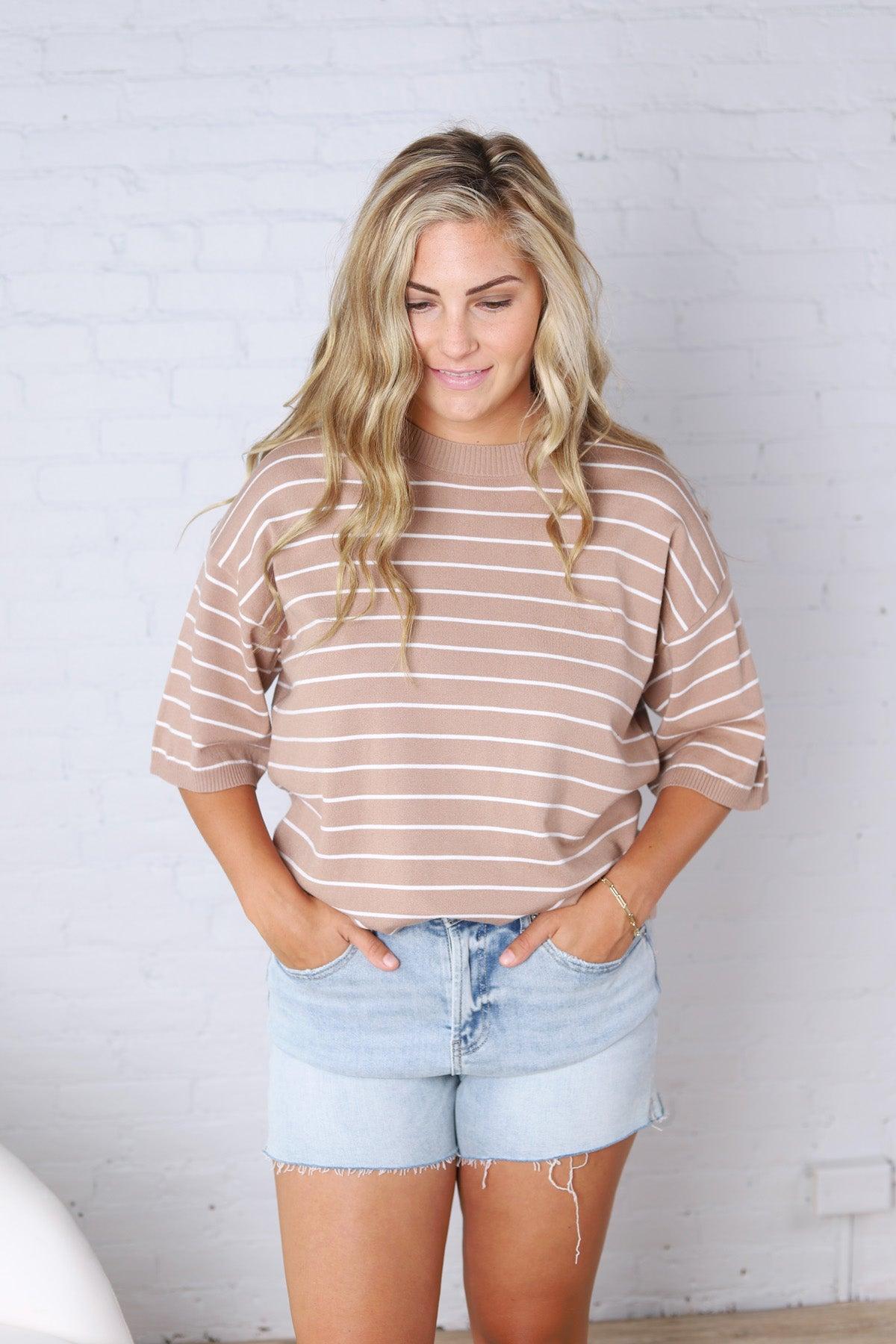 Nellie Oversized Stripe Knit Top - Taupe/White