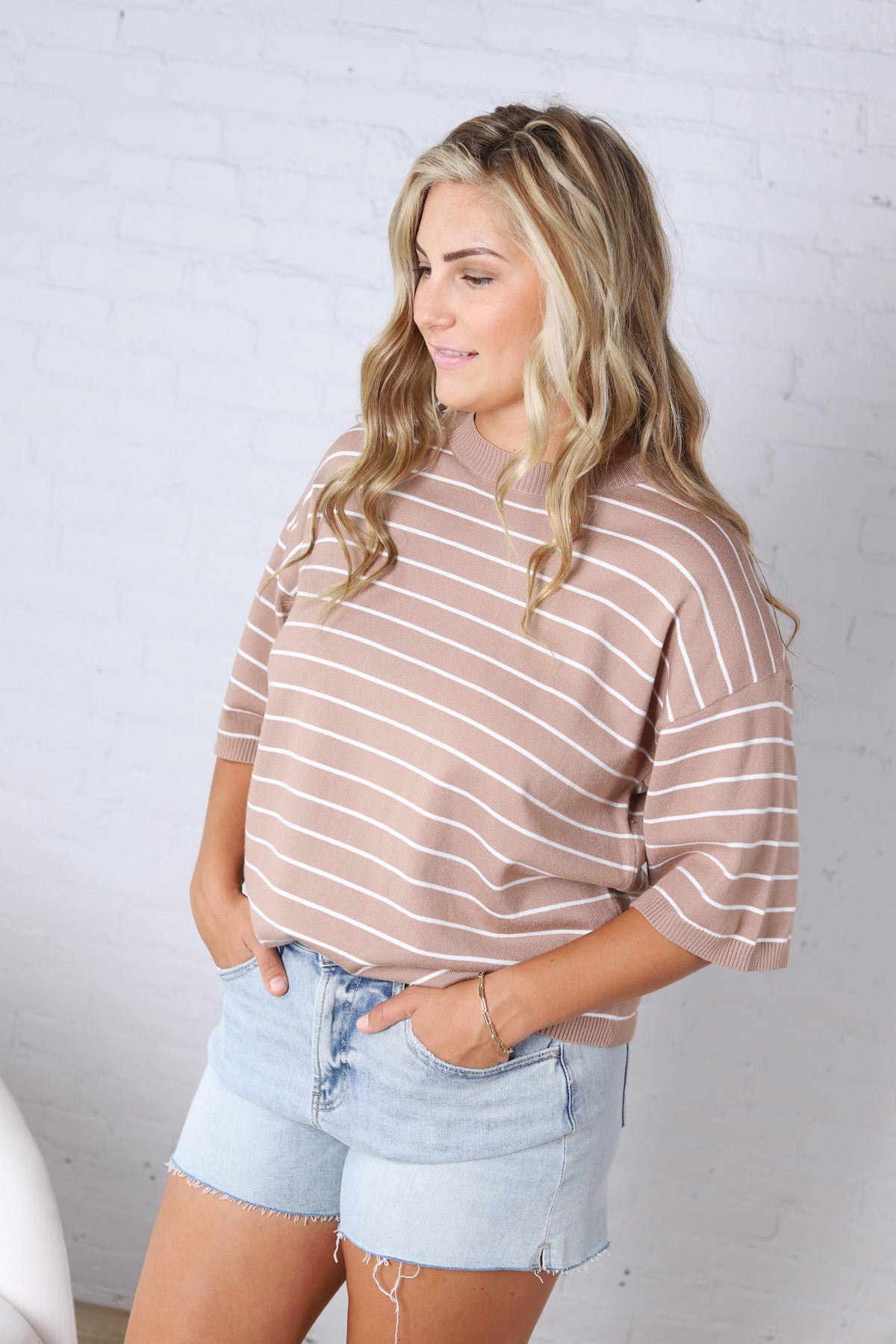 Nellie Oversized Stripe Knit Top - Taupe/White