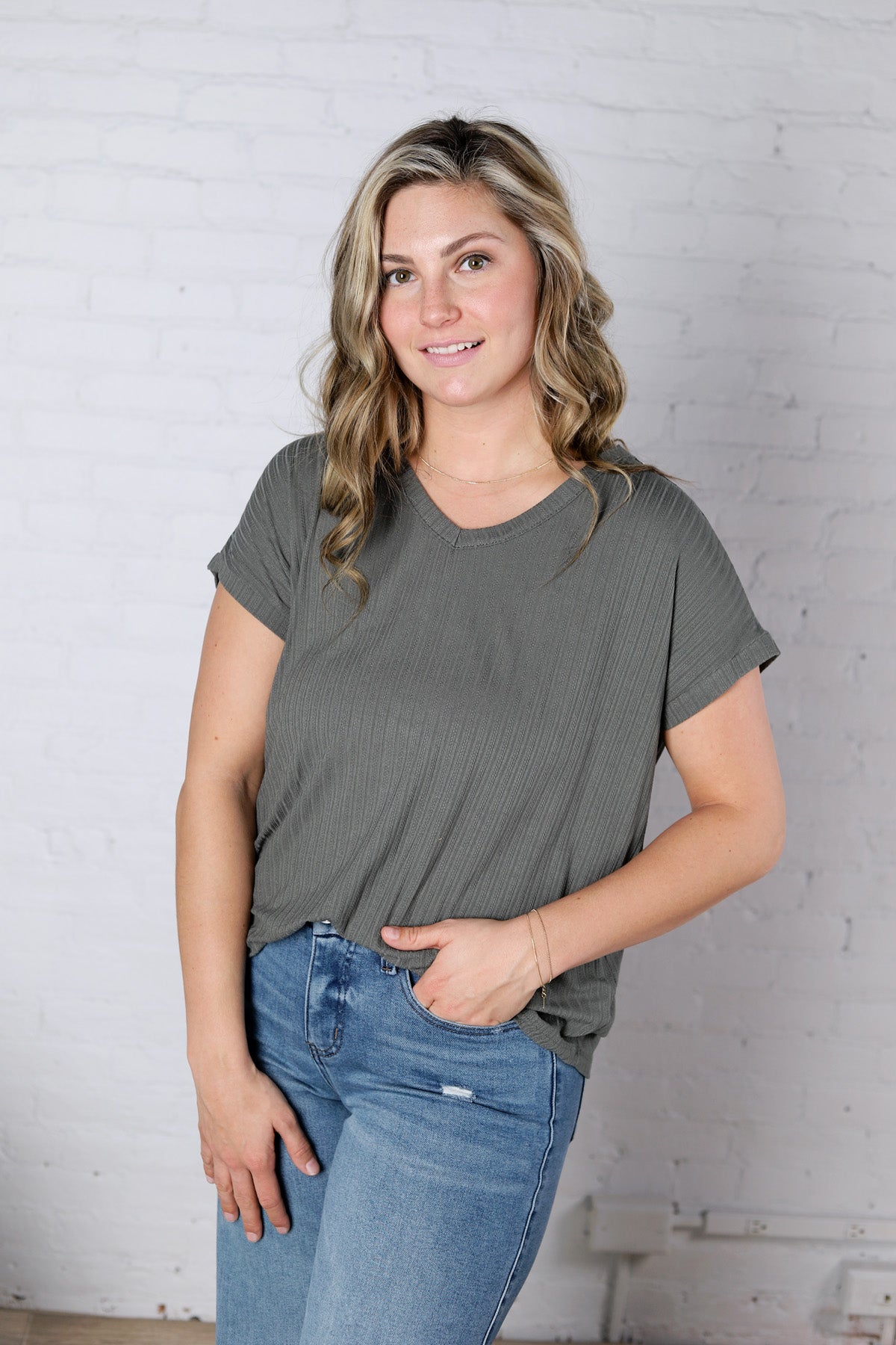 Nelly Ribbed Short Sleeve Top - Army Green
