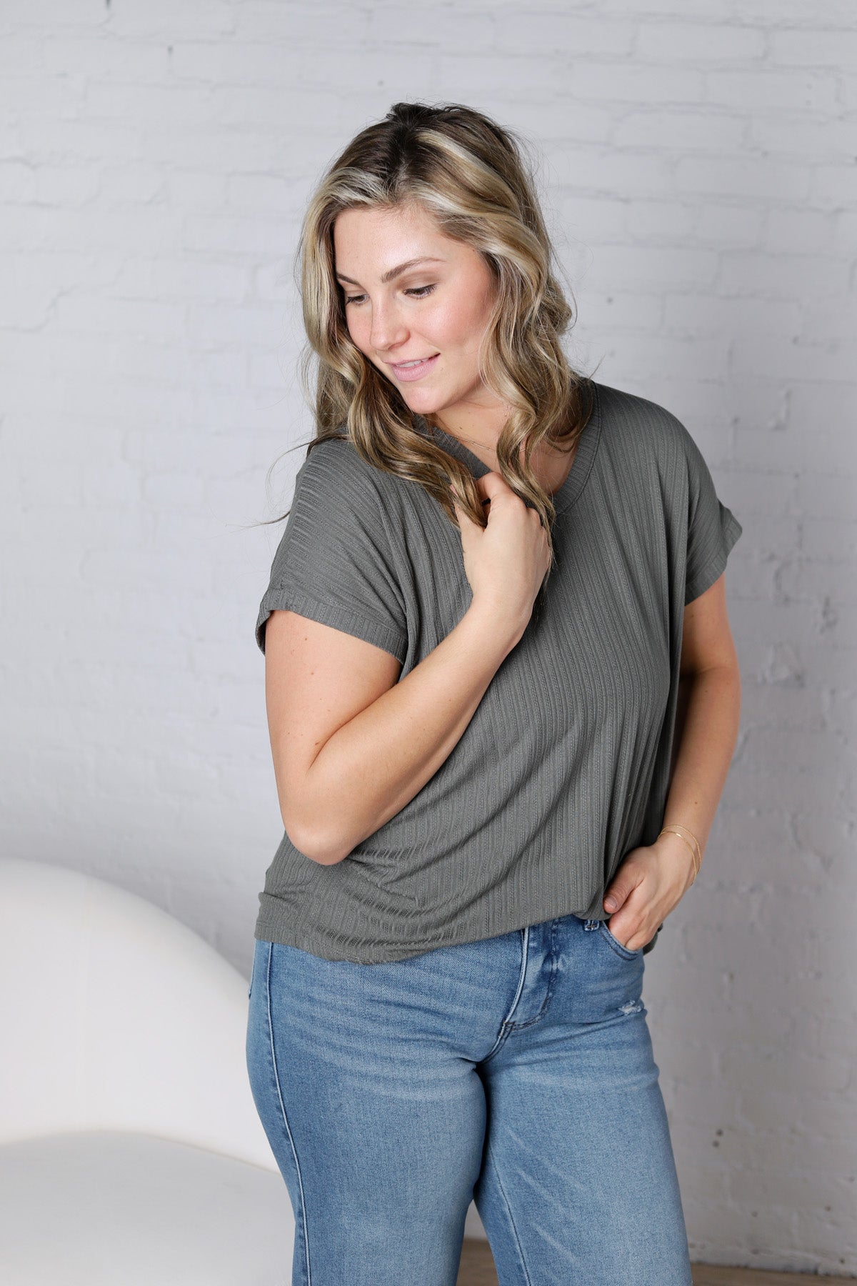 Nelly Ribbed Short Sleeve Top - Army Green