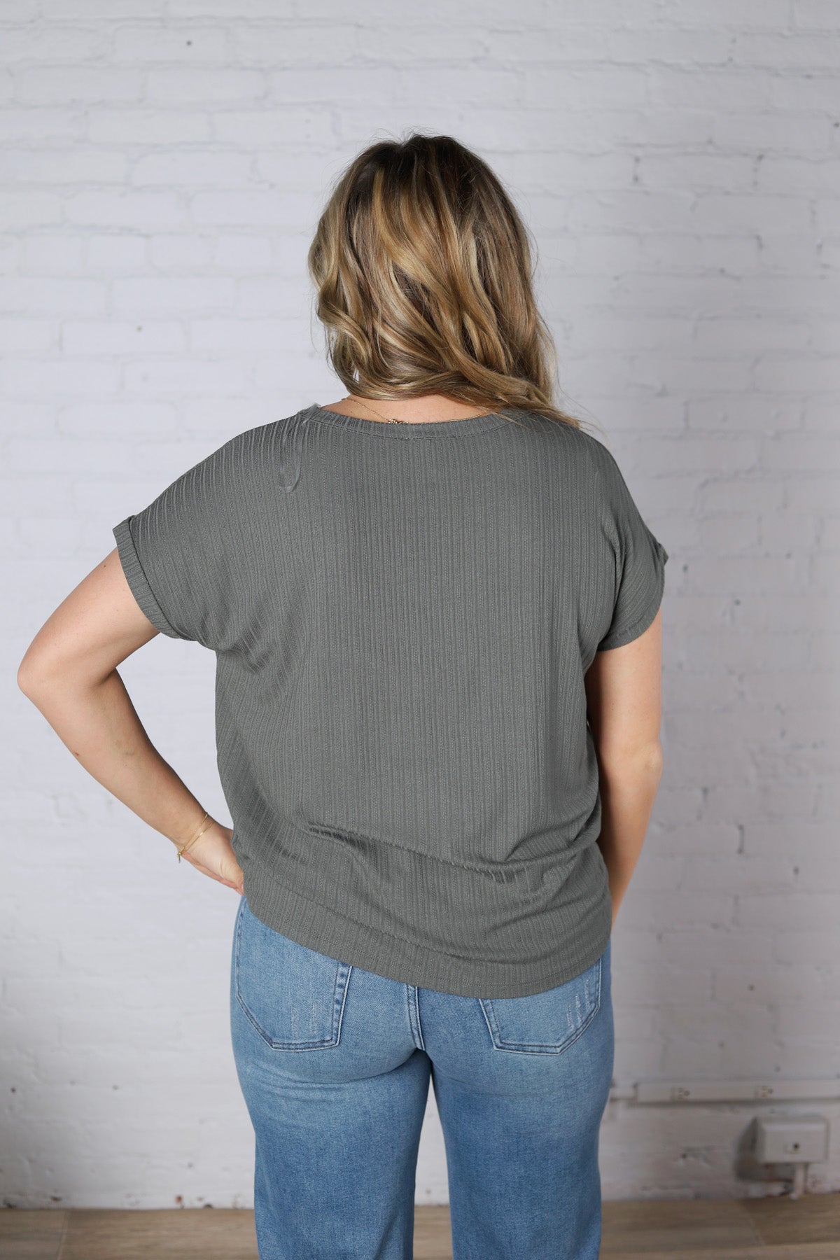 Nelly Ribbed Short Sleeve Top - Army Green