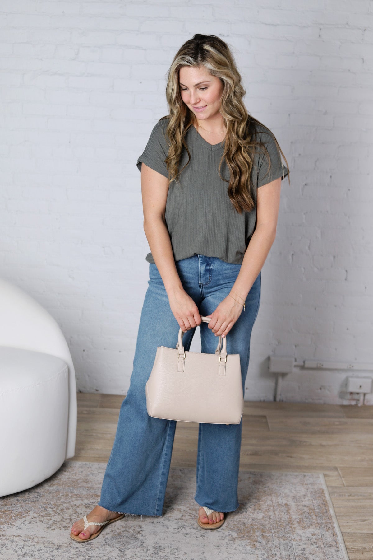 Nelly Ribbed Short Sleeve Top - Army Green