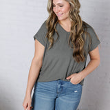Nelly Ribbed Short Sleeve Top - Army Green