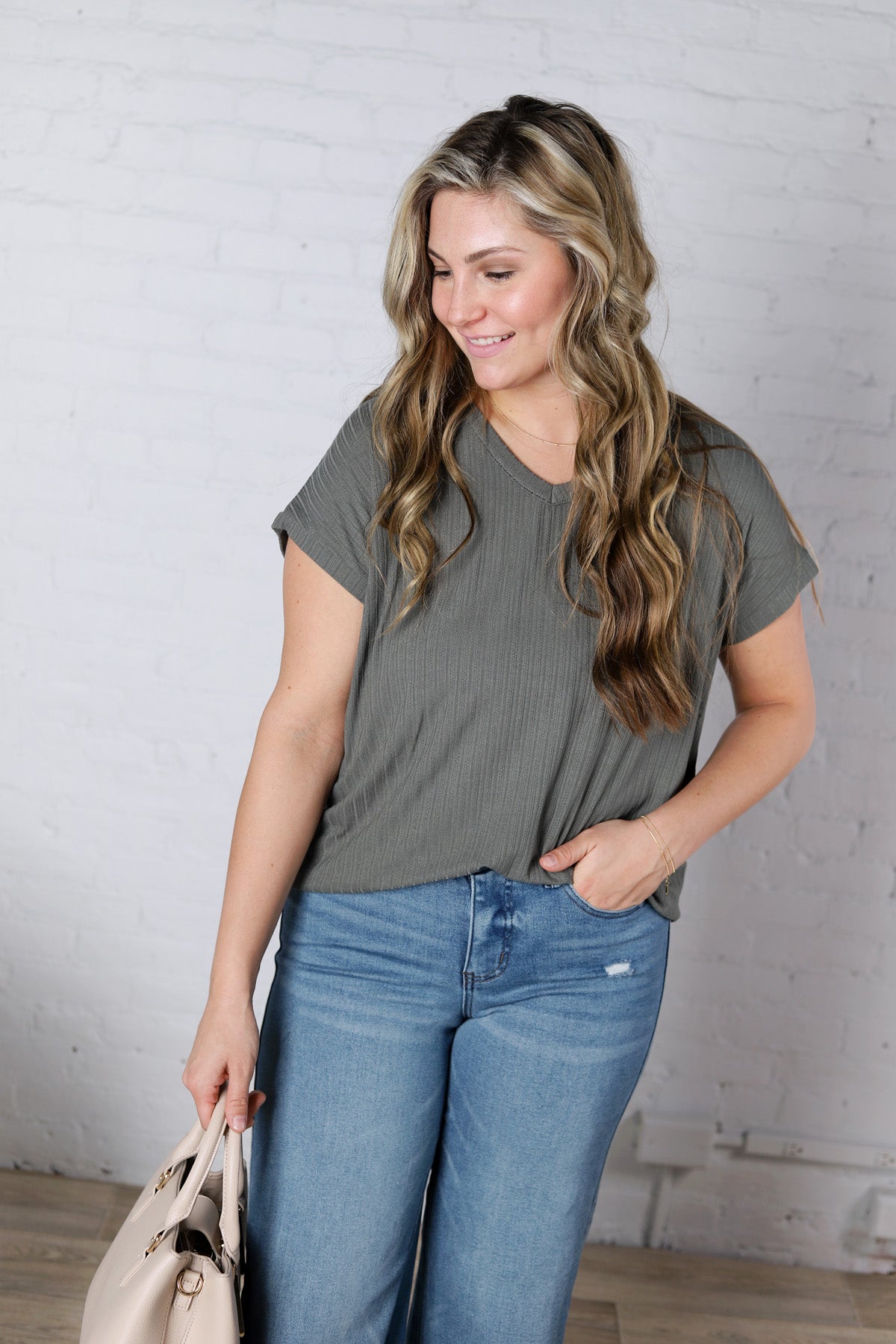 Nelly Ribbed Short Sleeve Top - Army Green