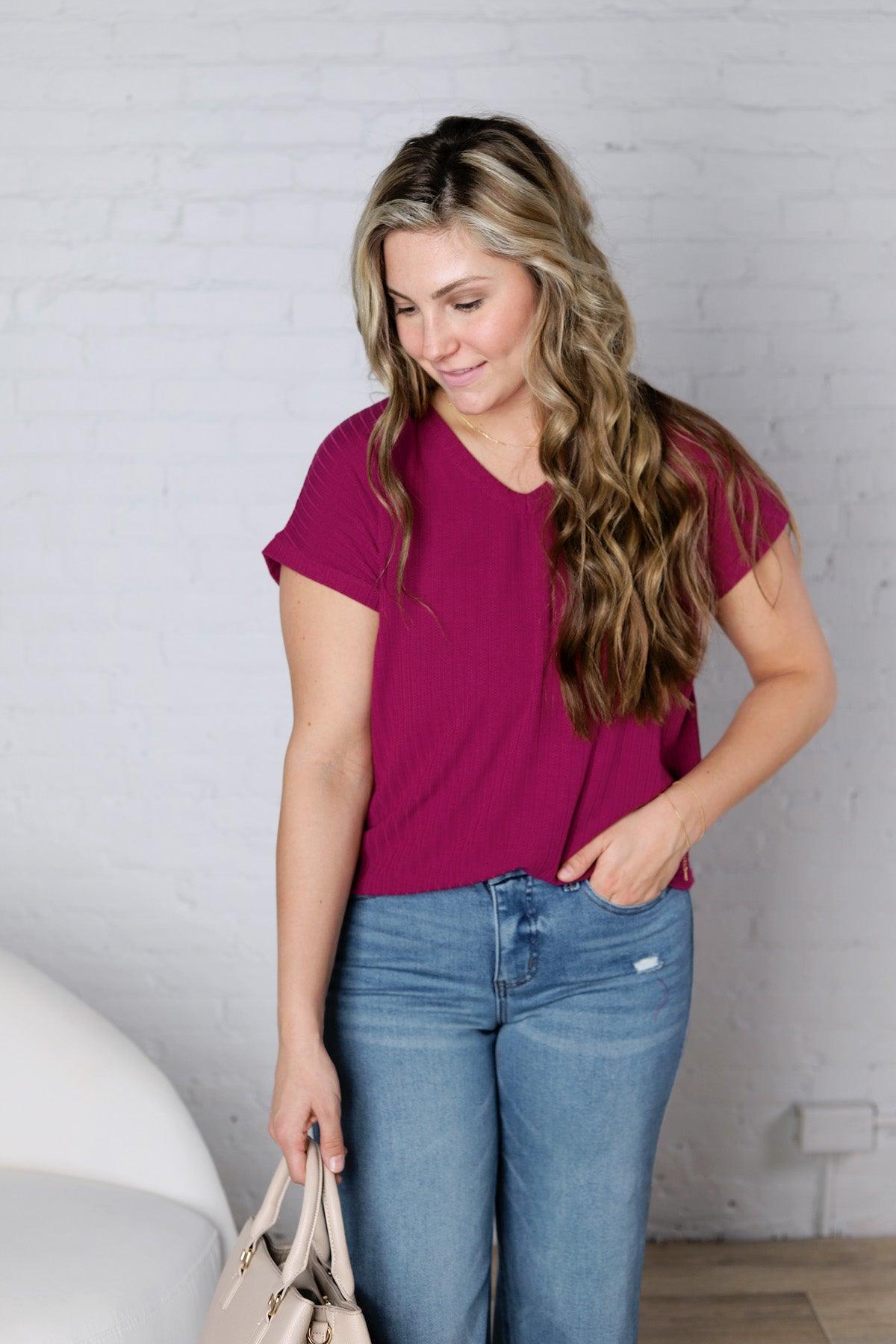 Nelly Ribbed Short Sleeve Top - Magenta