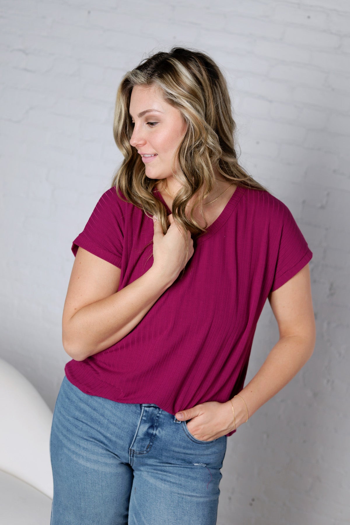 Nelly Ribbed Short Sleeve Top - Magenta