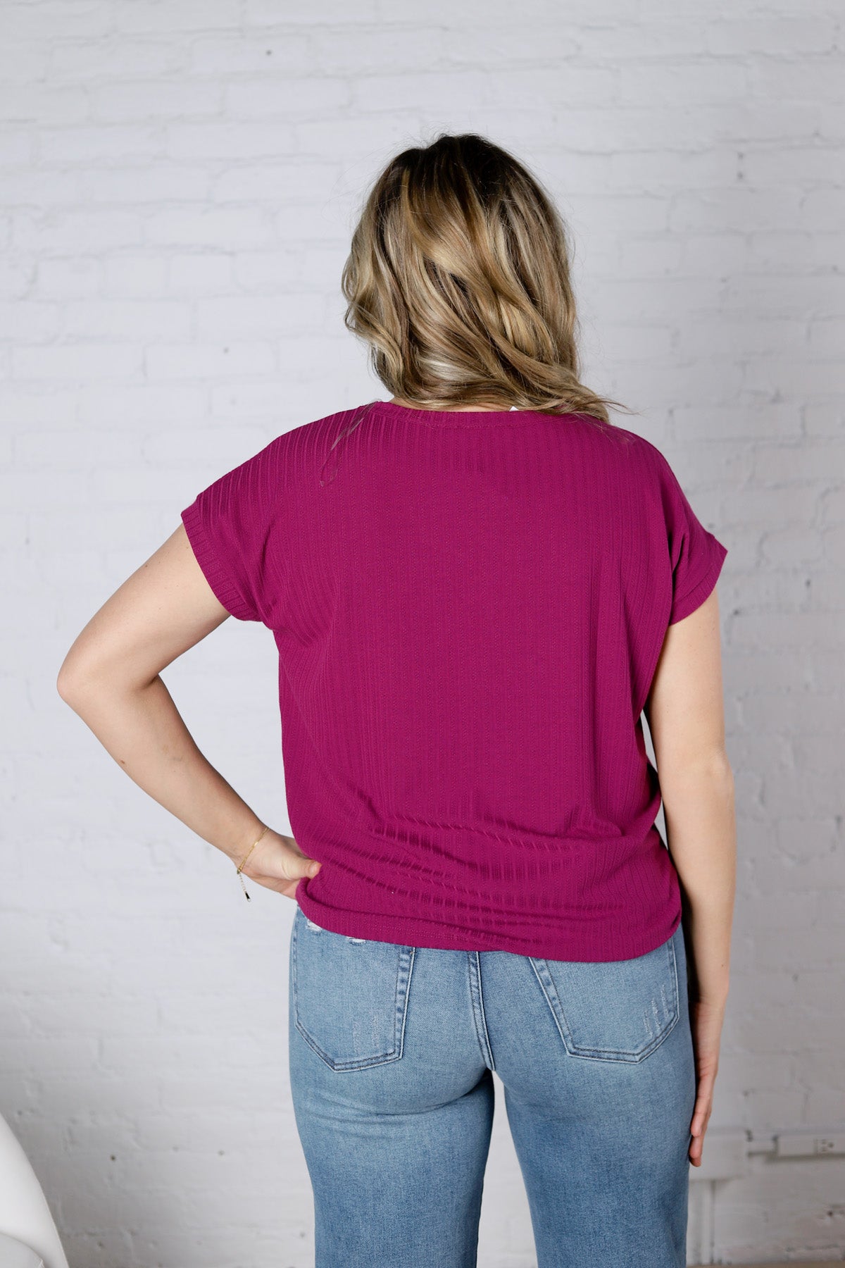 Nelly Ribbed Short Sleeve Top - Magenta