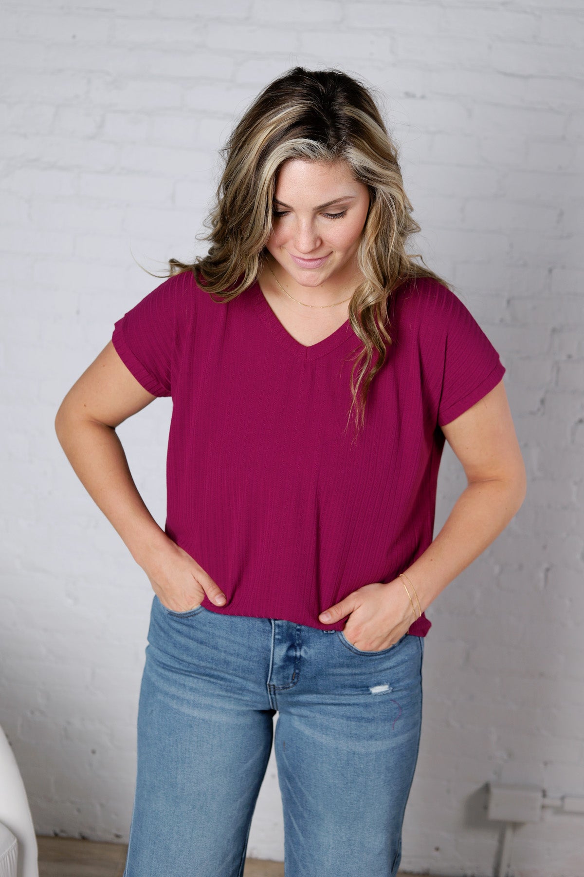 Nelly Ribbed Short Sleeve Top - Magenta