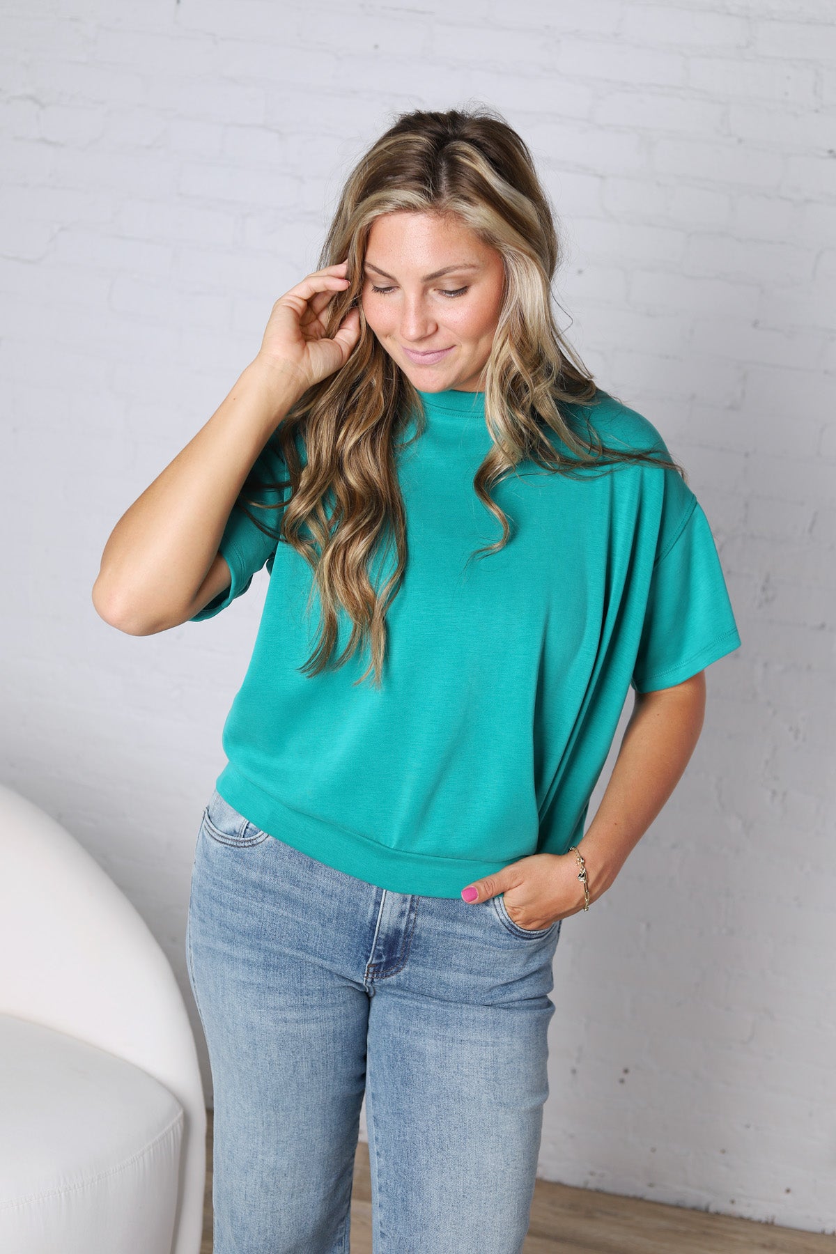 Nerine Short Sleeve Pleated Detail Top - Emerald Green