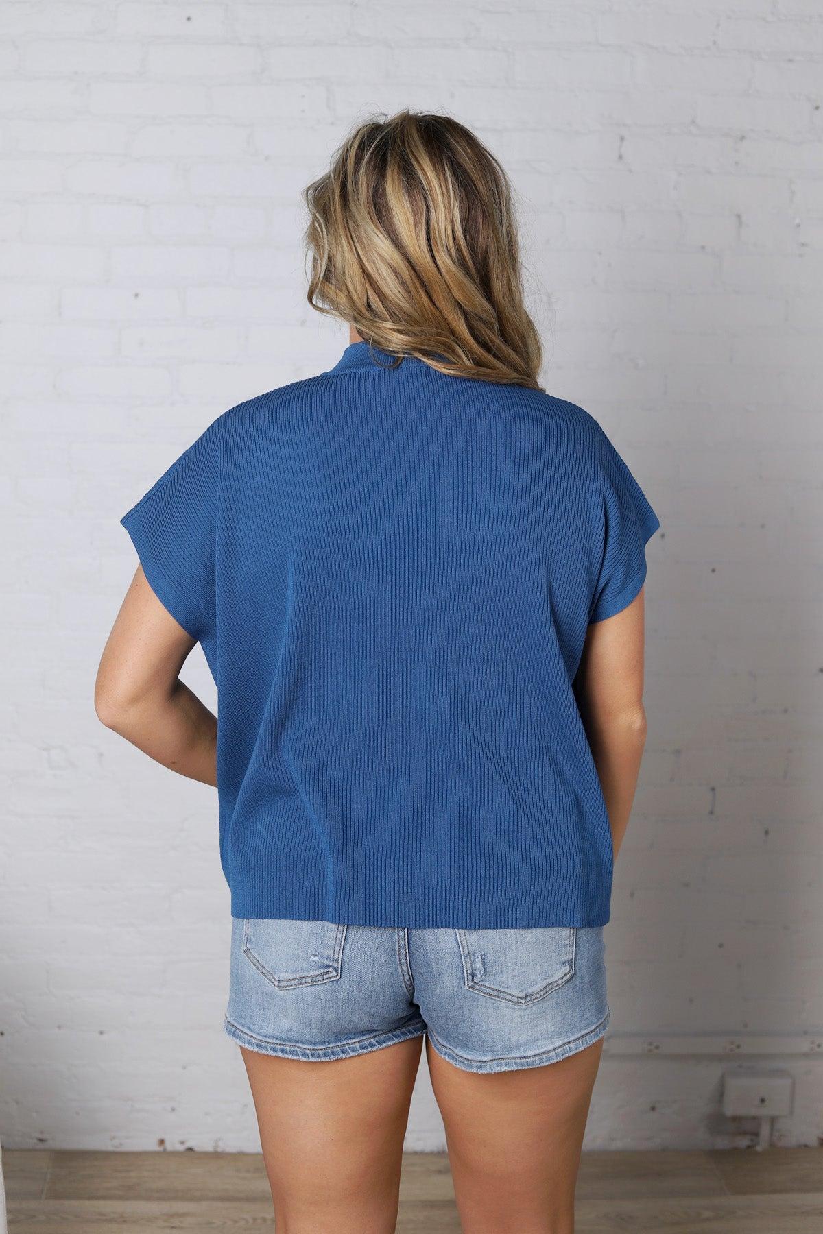 Nerra Mock Neck Boxy Top - Classic Blue
