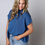 Nerra Mock Neck Boxy Top - Classic Blue