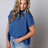Nerra Mock Neck Boxy Top - Classic Blue