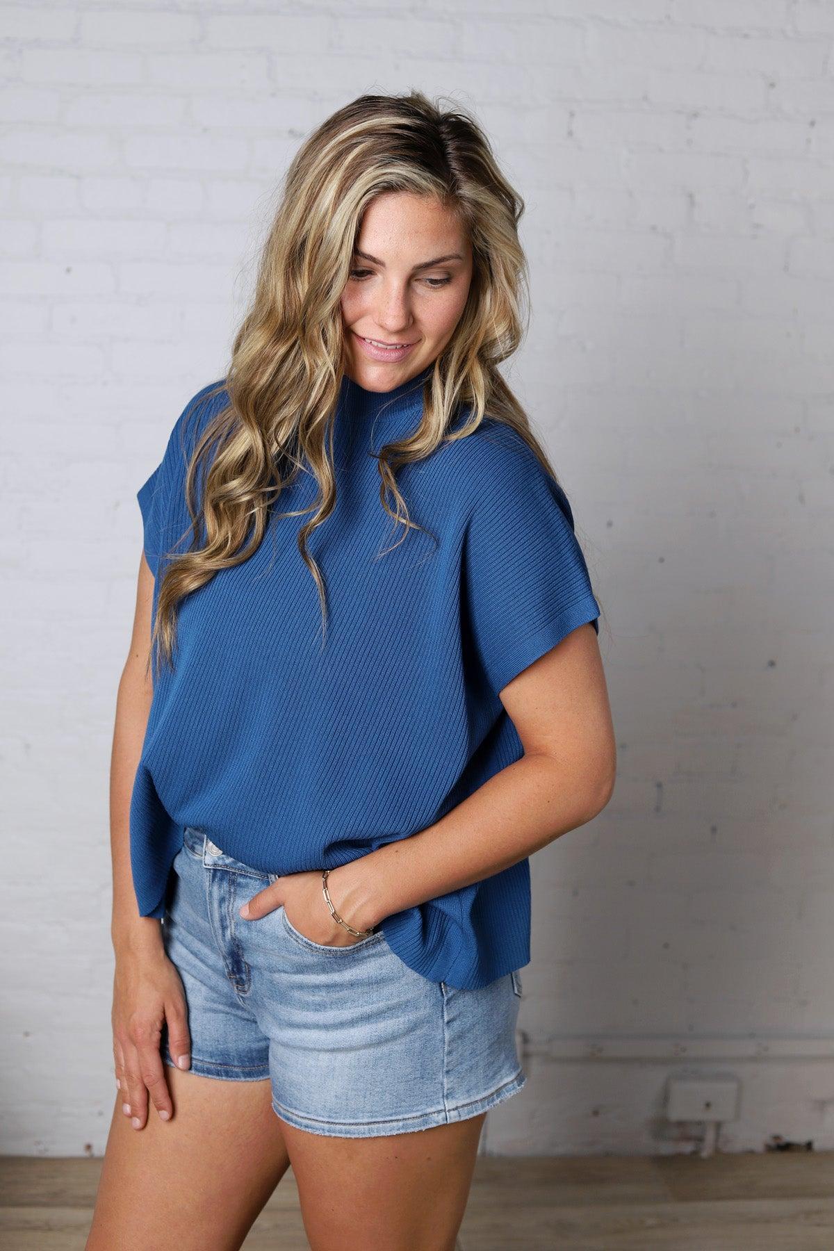 Nerra Mock Neck Boxy Top - Classic Blue