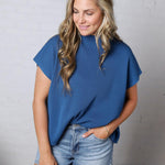 Nerra Mock Neck Boxy Top - Classic Blue