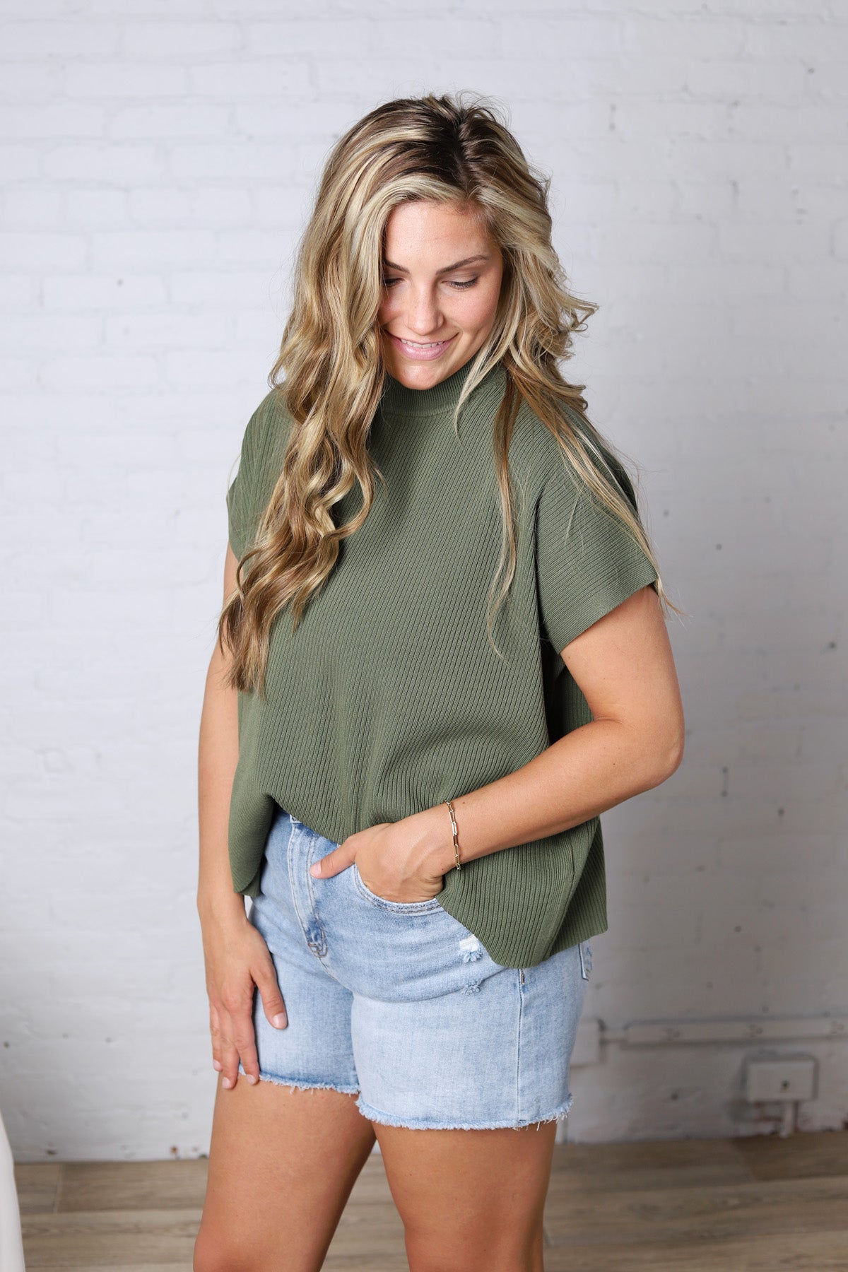 Nerra Mock Neck Boxy Top - Lt Olive