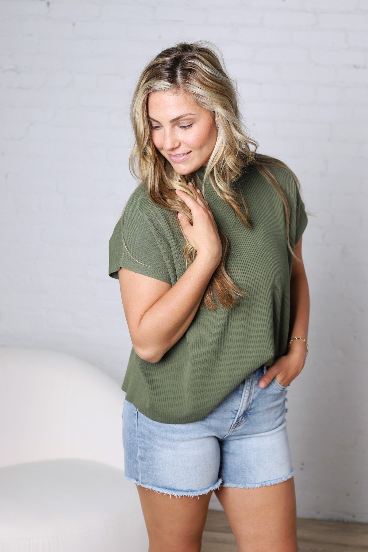 Nerra Mock Neck Boxy Top - Lt Olive