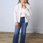 Nessa Sherpa Fleece Zipper Hoodie Jacket - Ecru